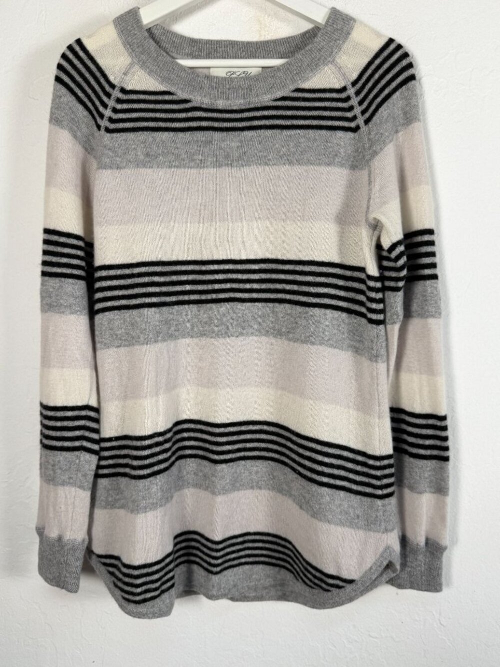 PLY Cashmere Womens Striped Crew Neck Grey White Knit Pullover Sweater Large